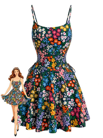 Ensemble tankini floral multicolore à col en U années 1940