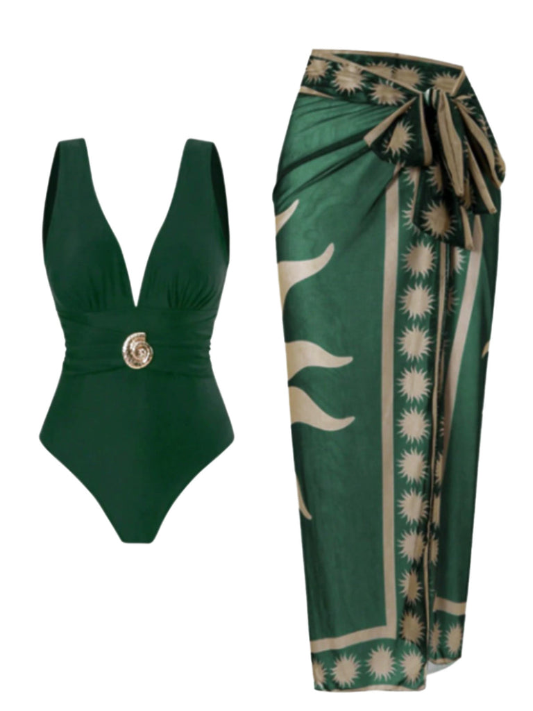 Maillot de Bain Une Pièce Décolleté Plongeant et Paréo Résille Vert années 50