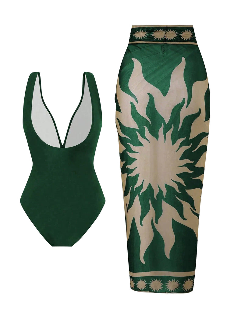 Maillot de Bain Une Pièce Décolleté Plongeant et Paréo Résille Vert années 50 2