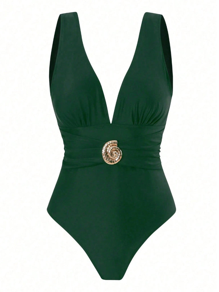 Maillot de Bain Une Pièce Décolleté Plongeant et Paréo Résille Vert années 50 3