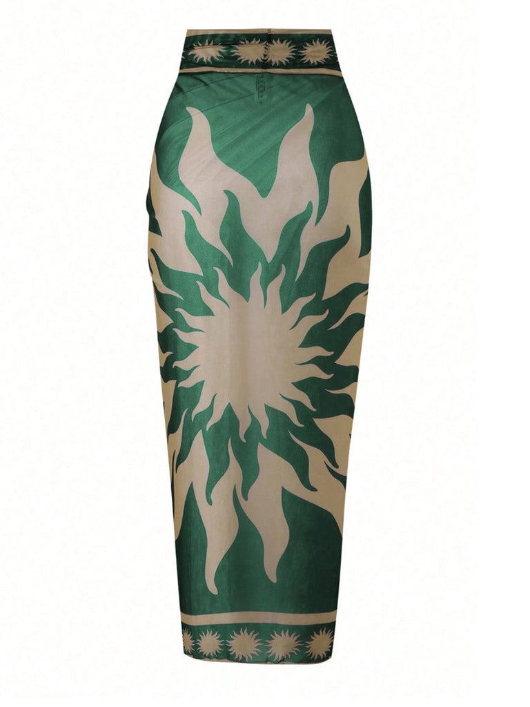 Maillot de Bain Une Pièce Décolleté Plongeant et Paréo Résille Vert années 50 5