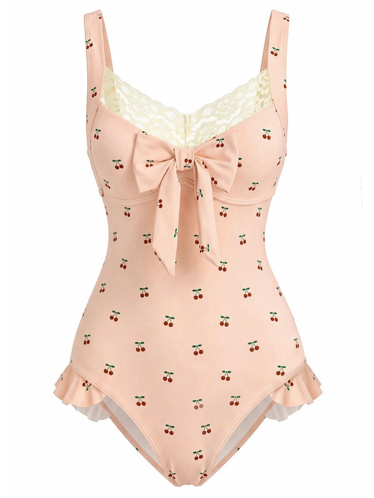 Maillot de bain une pièce rose en dentelle nœud cerise années 1950