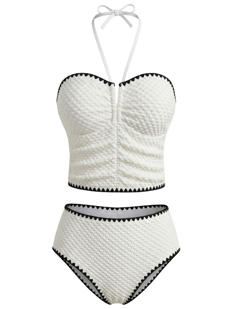 Ensemble Tankini Halter Bustier Texturé Blanc Années 1950 2