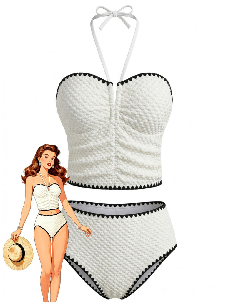 Ensemble Tankini Halter Bustier Texturé Blanc Années 1950