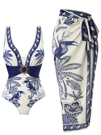 Maillot de Bain Une Pièce Bleu à Fleurs et Oiseaux avec Cache Maillot Années '30