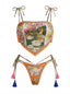 Ensemble bikini bandeau orange motif floral et liens pompons années 70