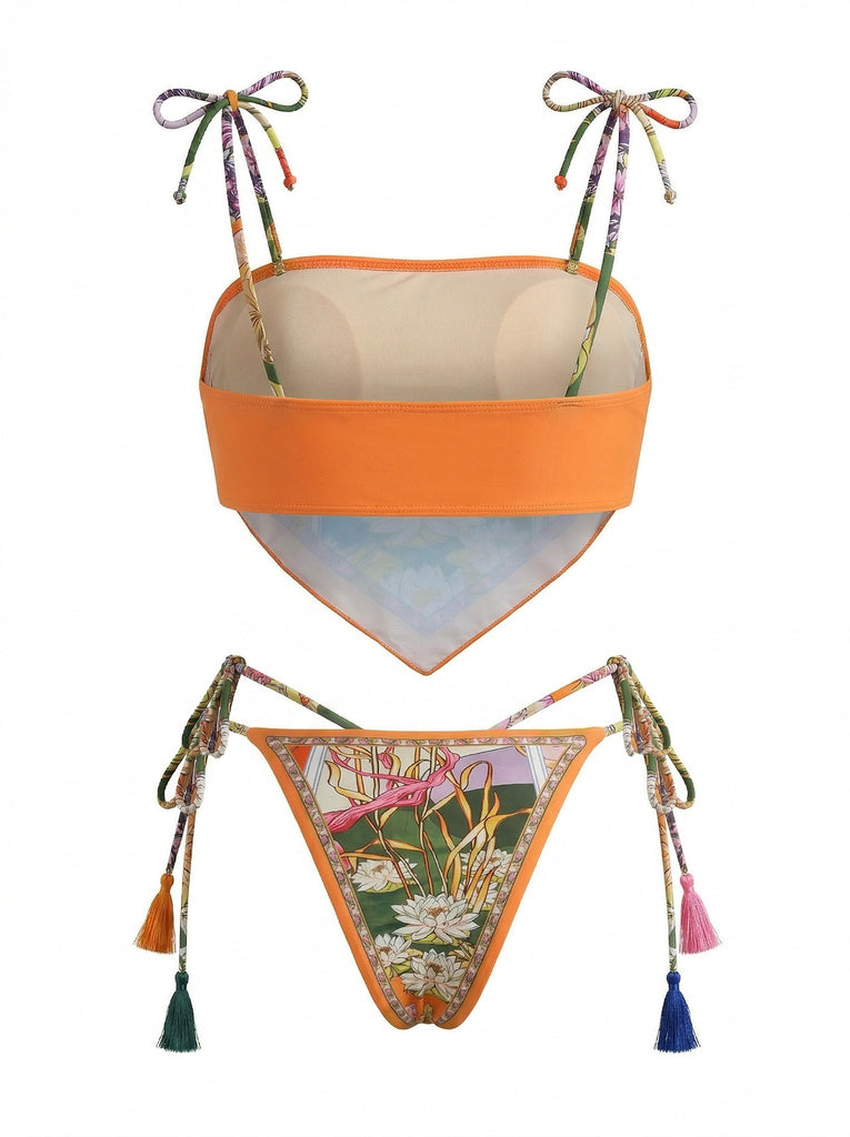 Maillot de Bain Floral Tassel Tie Bandeau Orange Années 1970 2