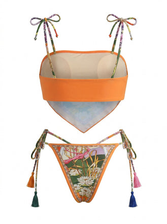 Maillot de Bain Floral Tassel Tie Bandeau Orange Années 1970 2