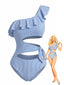 Maillot de bain une pièce bleu rayé asymétrique et ajouré années 1940