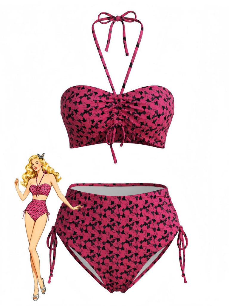 Maillot de Bain Rouge Papillon Halter Rose Années 1940