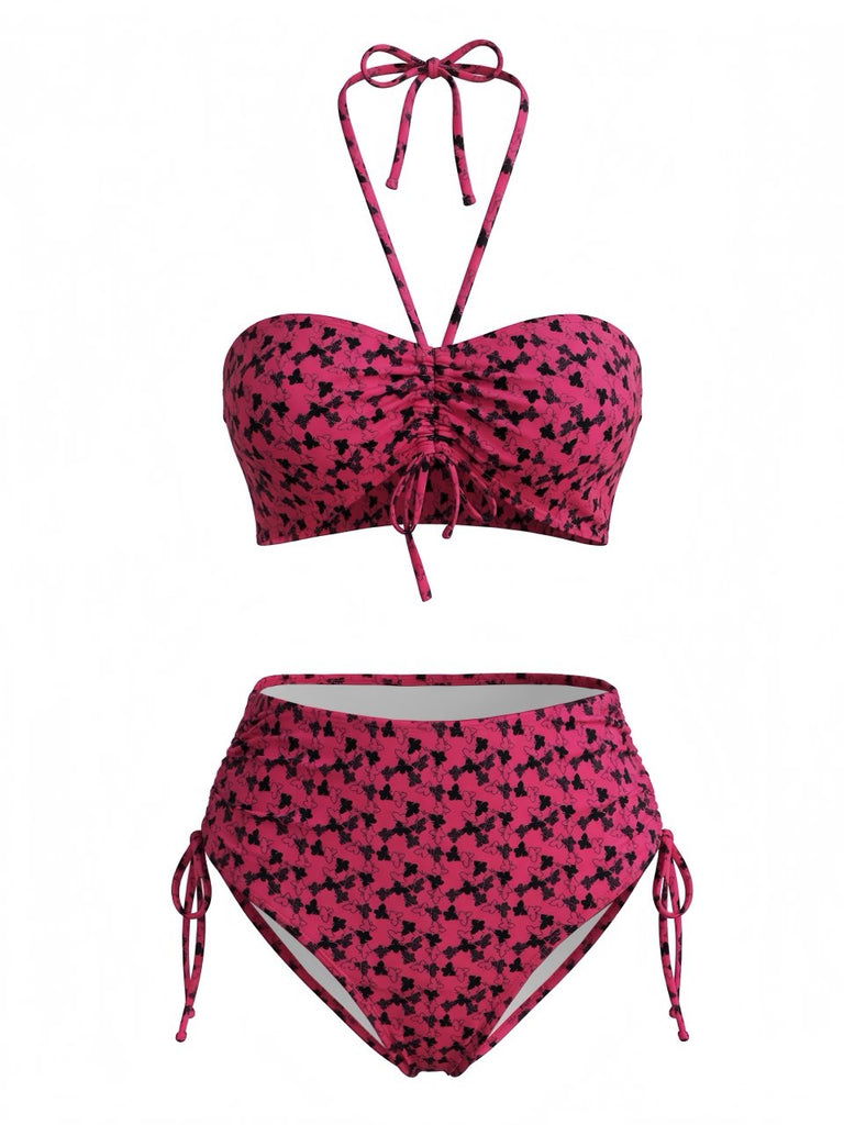Maillot de Bain Rouge Papillon Halter Rose Années 1940 2