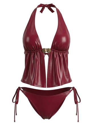 Maillot de Bain Faux Leather Halter Coquillage Rouge Années 1940 2
