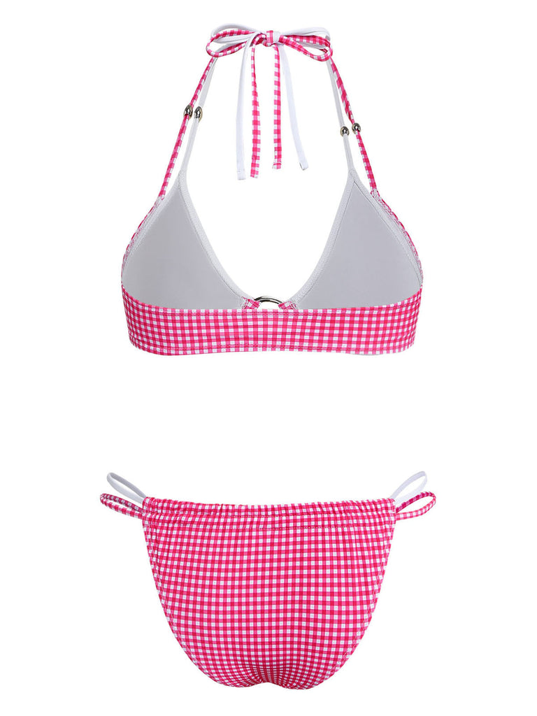 Ensemble Bikini Double Couche Dos Nu Vichy Rose années 50 3