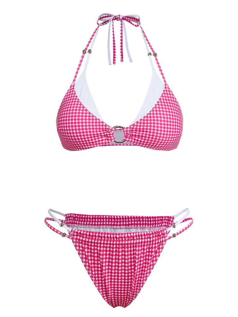 Ensemble Bikini Double Couche Dos Nu Vichy Rose années 50 2