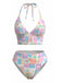 Ensemble Bikini Dos Nu Col en V Floral Carreaux Rose années 60 2