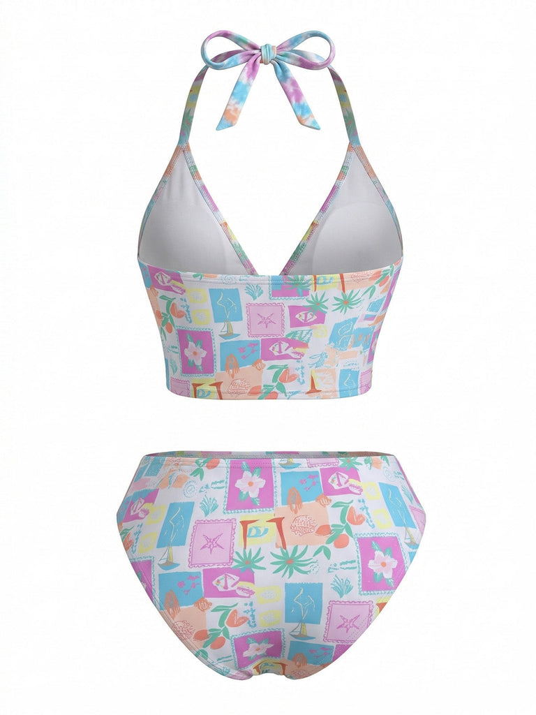 Ensemble Bikini Dos Nu Col en V Floral Carreaux Rose années 60 3