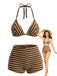2 Pièces Marron Rayé Éponge Halter Bikini & Short Années 1950