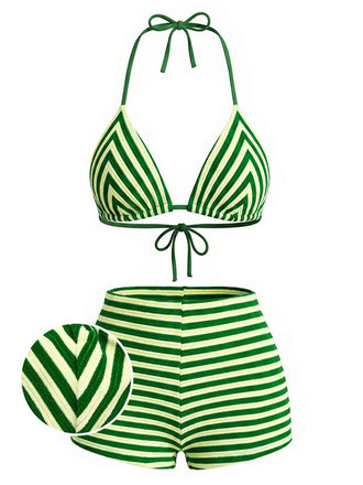 Ensemble bikini vert rayé éponge dos nu années 50