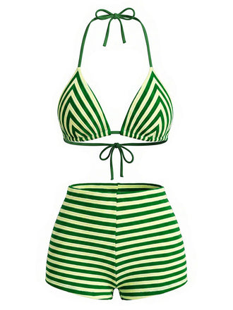 Ensemble bikini vert rayé éponge dos nu années 50