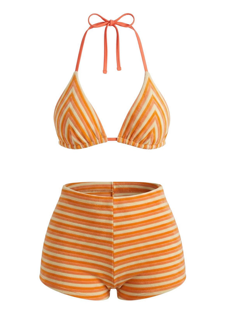 2PCS Bikini et short rayés orange années 1950