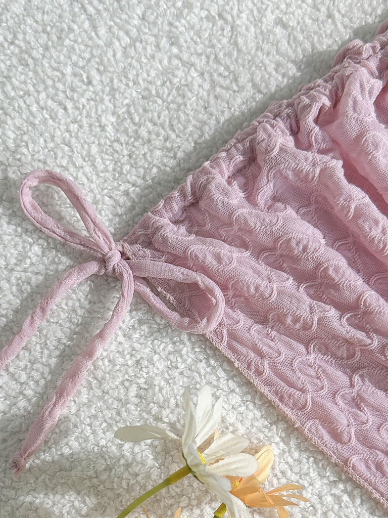 3PCS Set Bikini Rose Halter Plissé Torsadé et Cache Maillot Années '50 4