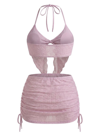 3PCS Ensemble Bikini Rose Plissé Torsadé et Cache Maillot Années 50