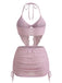 3PCS Ensemble Bikini Rose Plissé Torsadé et Cache Maillot Années 50