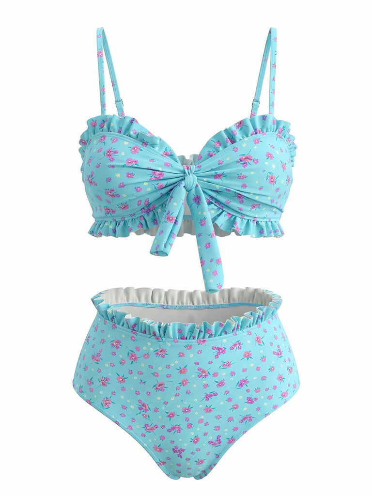 Ensemble Bikini Taille Haute Noué Devant à Volants Floral Turquoise années 50 2