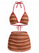 2PCS Ensemble bikini dos nu rayé marron et jupe froncée années 60