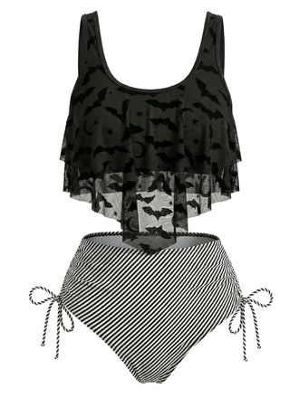 Set Tankini Gothique en Résille à Rayures Imprimé Chauve-Souris Années '70