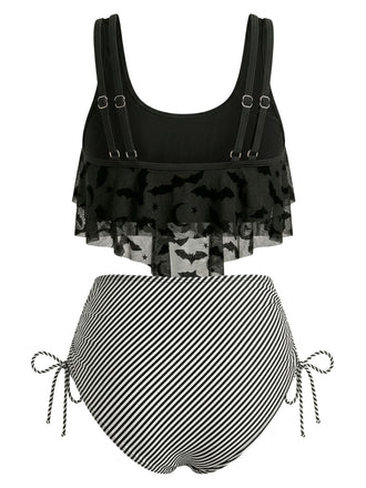Set Tankini Gothique en Résille à Rayures Imprimé Chauve-Souris Années '70 2