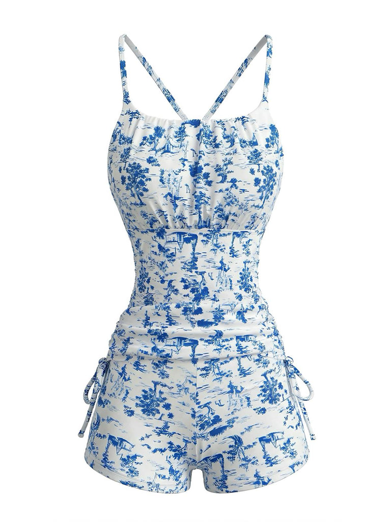 Tankini Bleu À Motif Toile De Jouy Années 1950