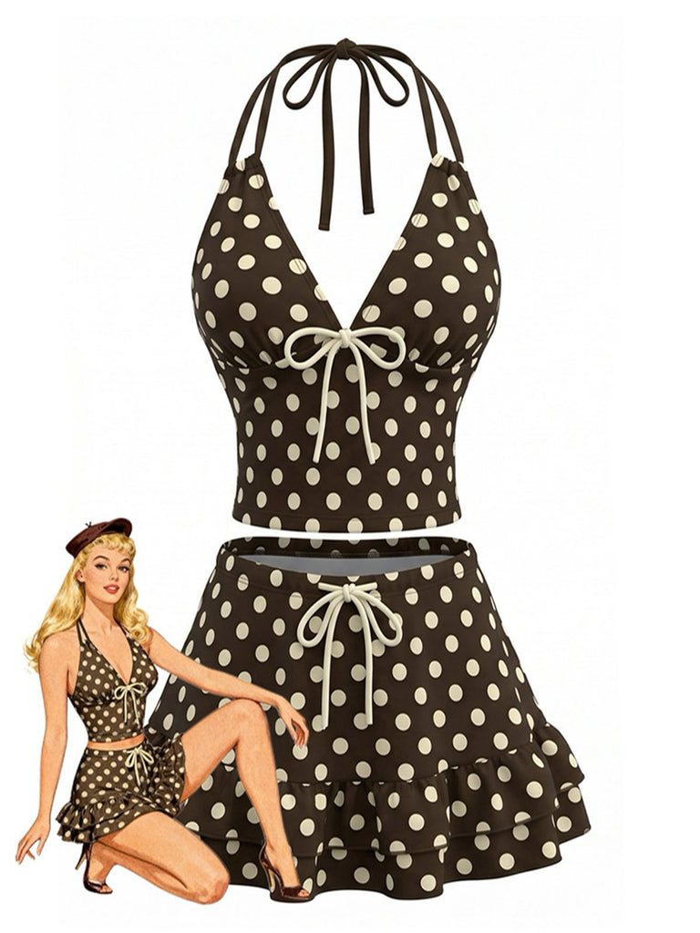 Maillot de bain dos nu marron à pois et volants années 1950