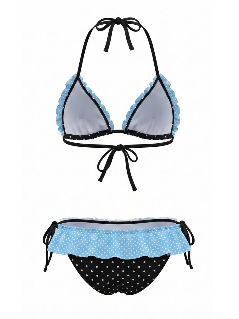 Maillot de Bain Halter Contrast à Pois à Volants Trim Années 1980 2