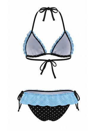 Maillot de Bain Halter Contrast à Pois à Volants Trim Années 1980 2