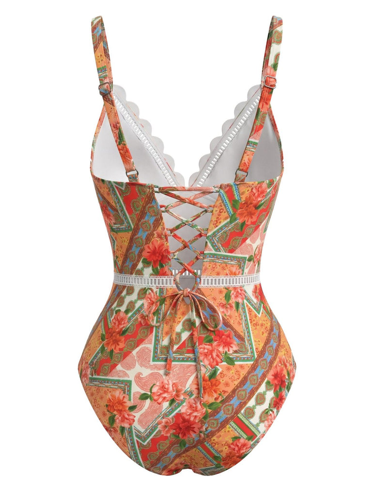 Maillot de Bain Floral Hollow Patchwork Orange Années 1940 3