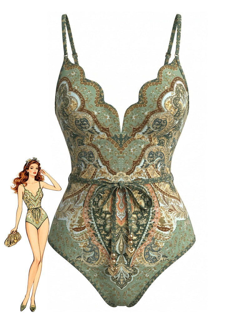 Maillot de Bain Une Pièce Col Pétale Bohème Vert années 70