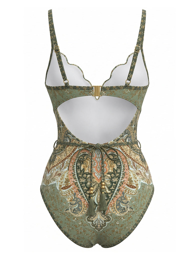 Maillot de Bain Une Pièce Col Pétale Bohème Vert années 70 3