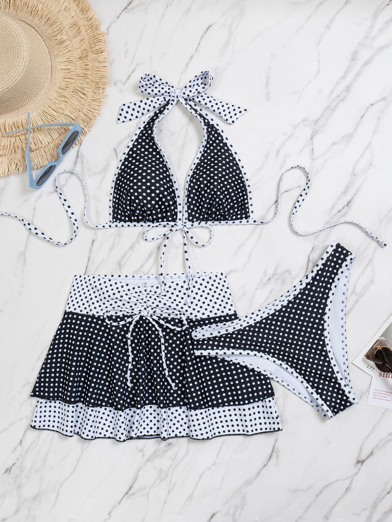 2PCS Set Bikini Noir Halter à Pois et Cache Maillot Années '40 5
