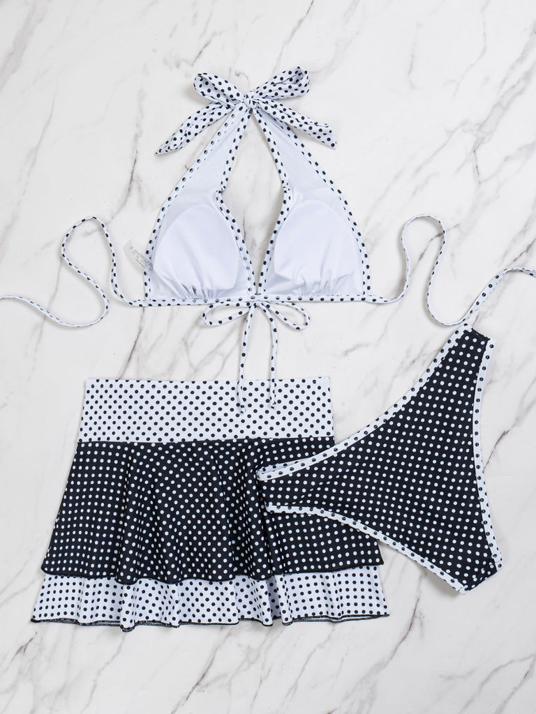 2PCS Set Bikini Noir Halter à Pois et Cache Maillot Années '40 6