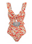 Maillot de Bain Floral Ruffled Découpé Une Pièce Orange Années 1940 2