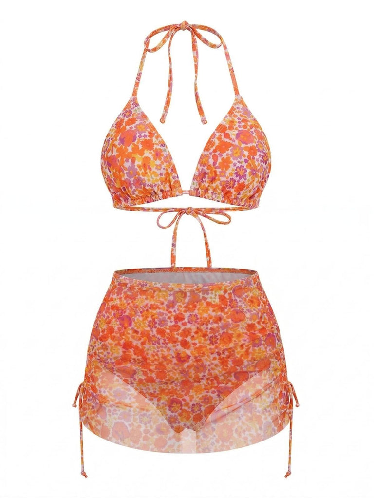 Ensemble Bikini Dos Nu Floral et Paréo Orange années 70 2
