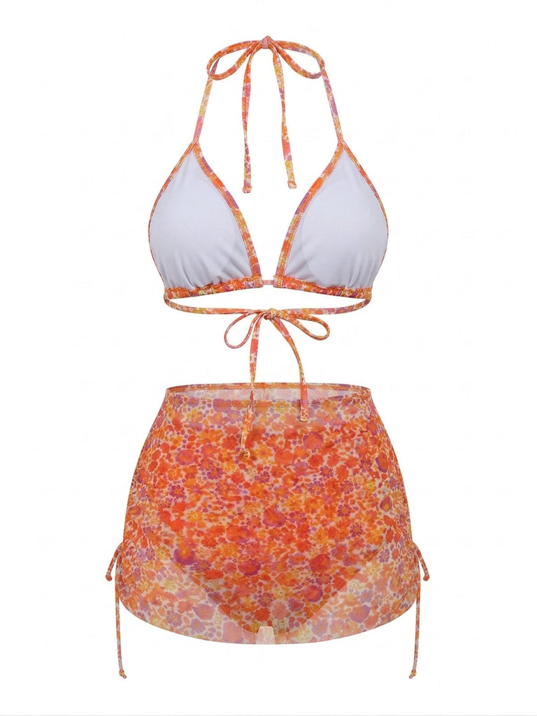 Ensemble Bikini Dos Nu Floral et Paréo Orange années 70 3