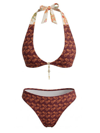 Ensemble bikini dos nu réversible à motif floral marron années 1940