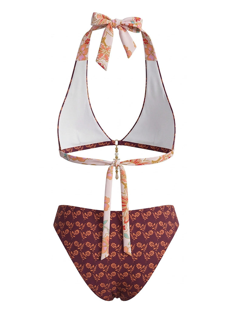 Ensemble bikini dos nu réversible à motif floral marron années 1940