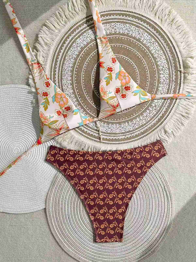 Ensemble bikini dos nu réversible à motif floral marron années 1940