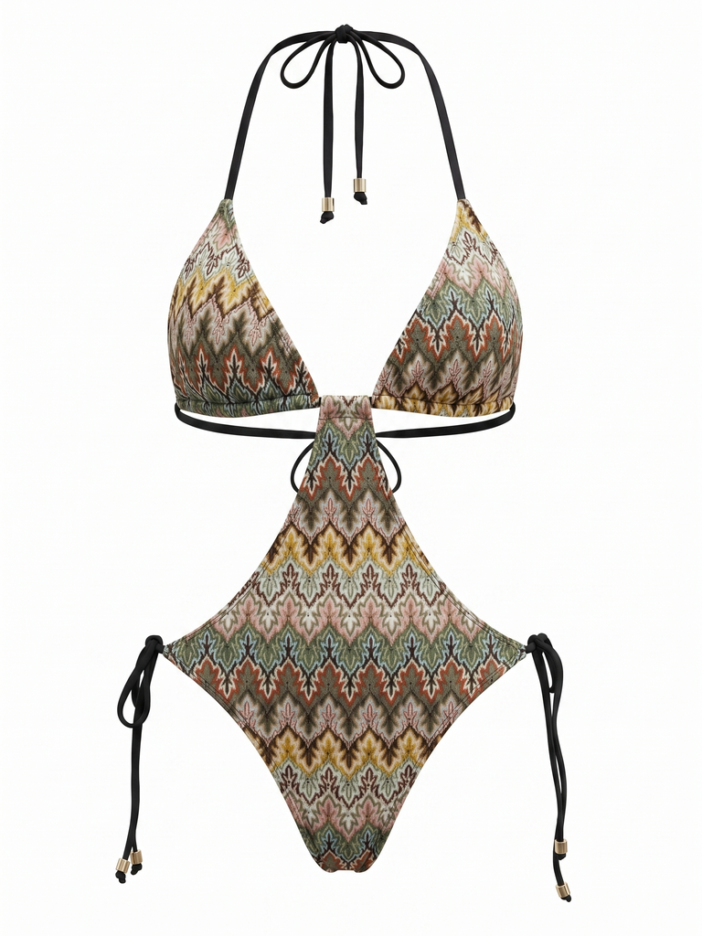 Maillot de Bain Une Pièce Marron Bohème Froncé Années 1970
