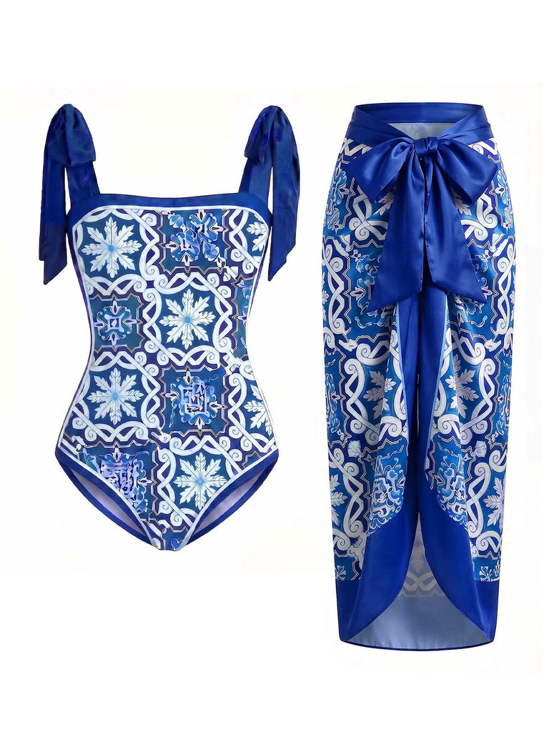 [Prévente] Maillot de Bain Une Pièce Imprimé Tie-Dye et Paréo Bleu années 70
