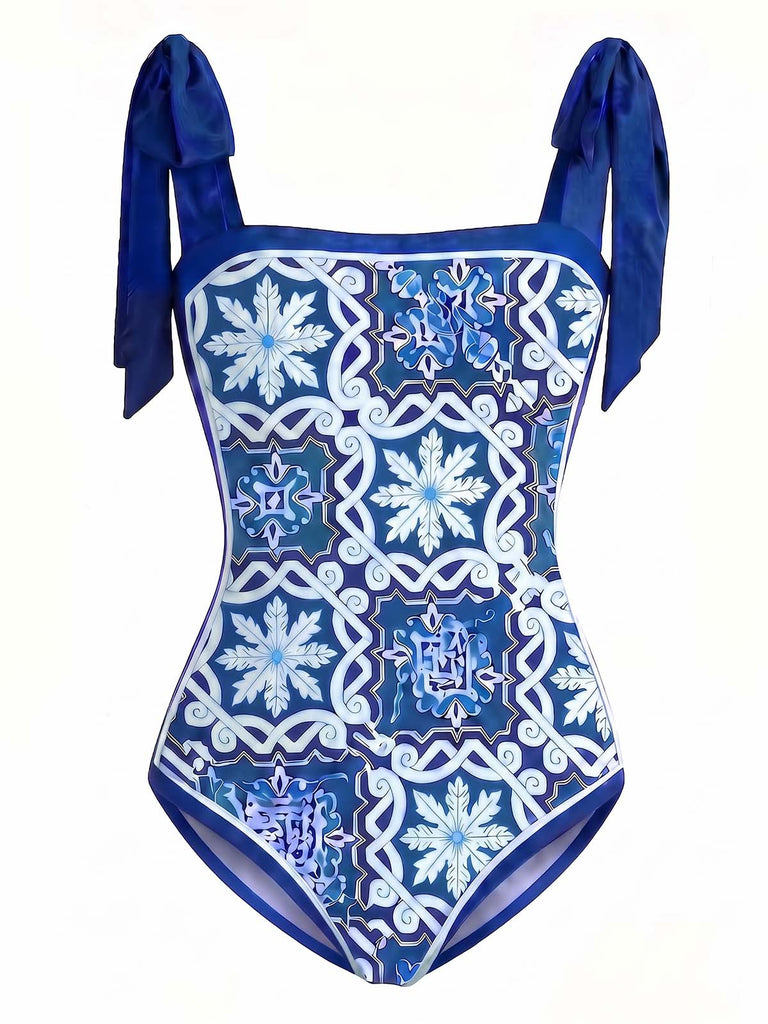 [Prévente] Maillot de Bain Une Pièce Imprimé Tie-Dye et Paréo Bleu années 70 2