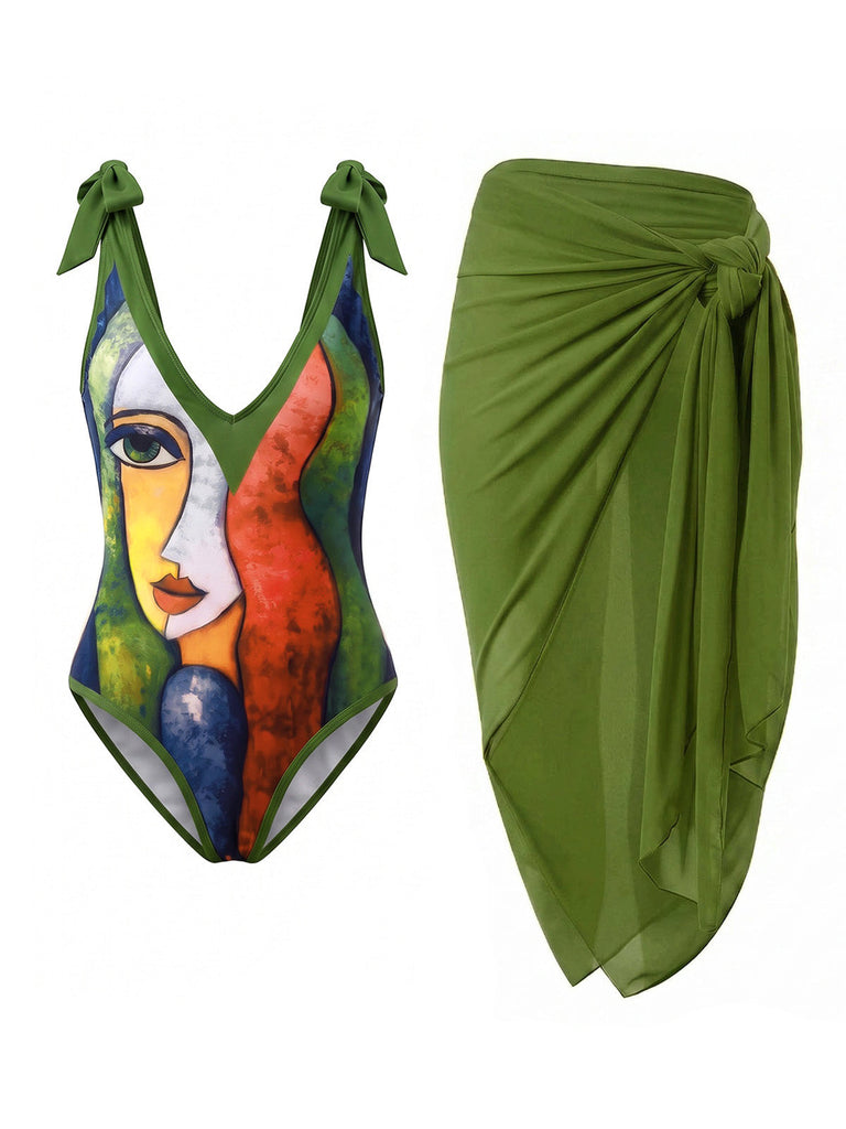 [Prévente] 2PCS Maillot de Bain Abstrait Colorblock et Paréo Multicolore années 60